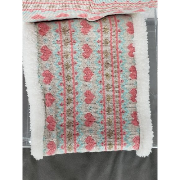 Toby Me Girls 3 Piece Infinity Scarf Handwear Teal Tan Pink Heart Fur PomPom Hat - Picture 5 of 9